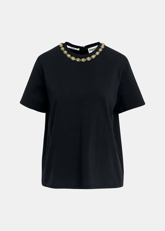 Black cotton T-shirt with rhinestone-embellished neckline