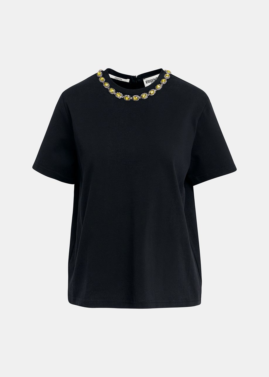 Camiseta de algodón con escote adornado con strass en negro