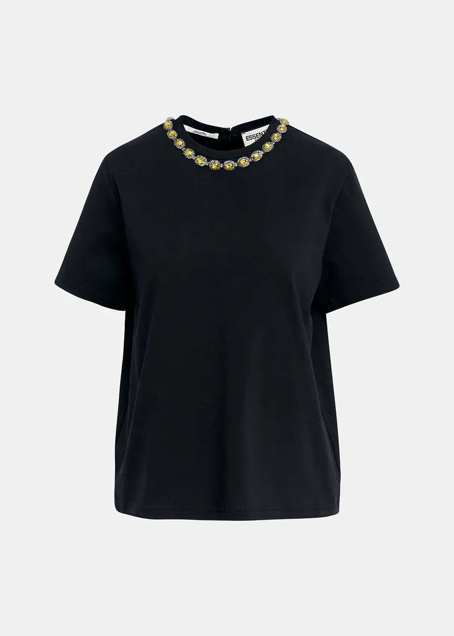 Black cotton T-shirt with rhinestone-embellished neckline