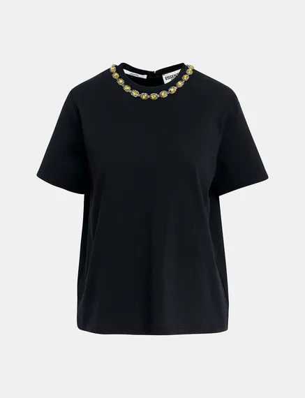 Black cotton T-shirt with rhinestone-embellished neckline