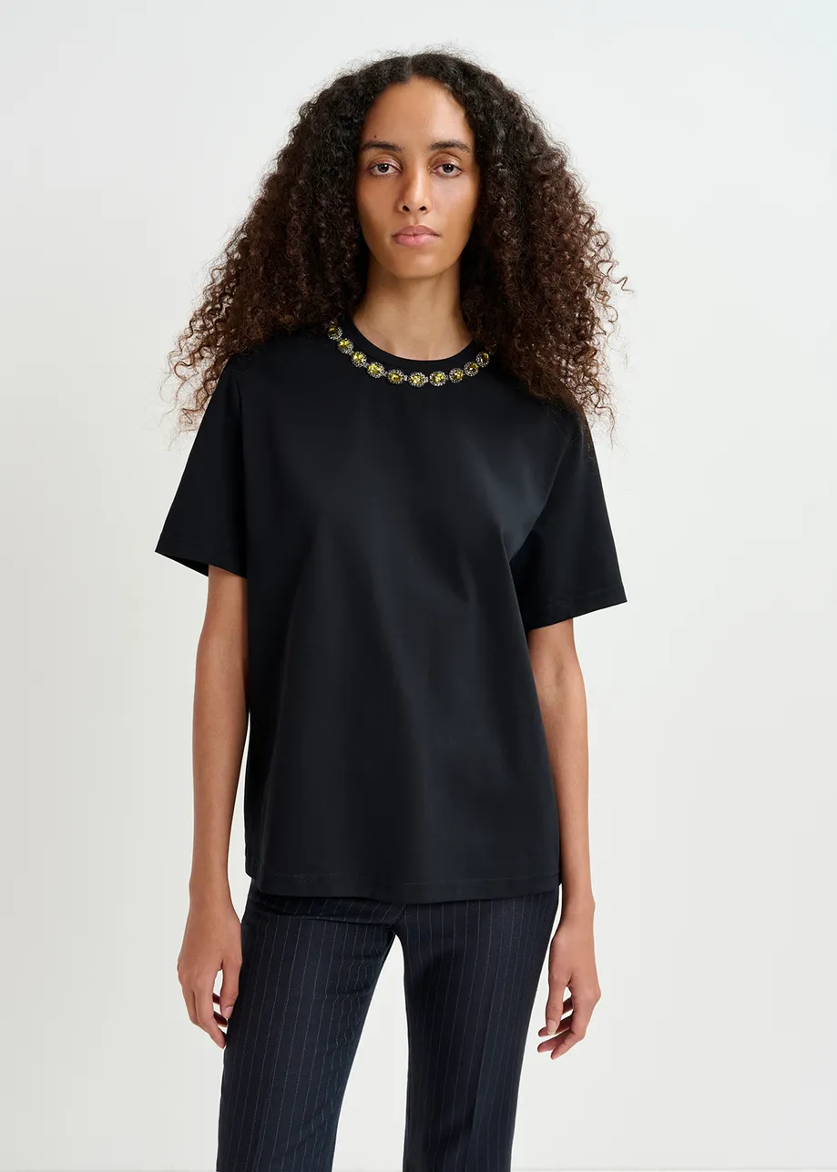 Black cotton T-shirt with rhinestone-embellished neckline