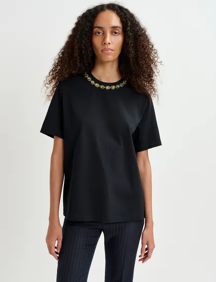 Black cotton T-shirt with rhinestone-embellished neckline