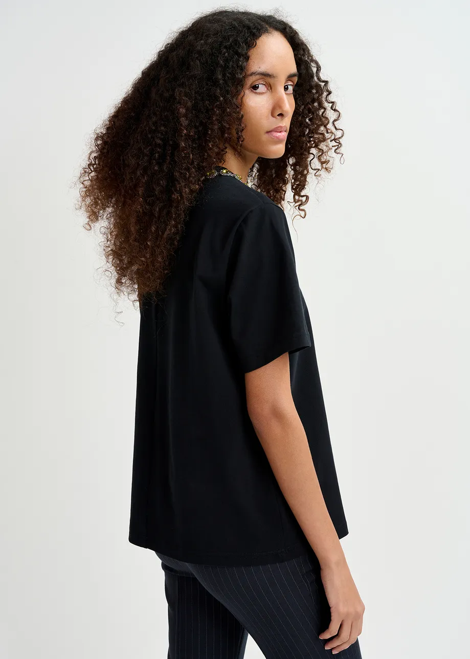 Black cotton T-shirt with rhinestone-embellished neckline