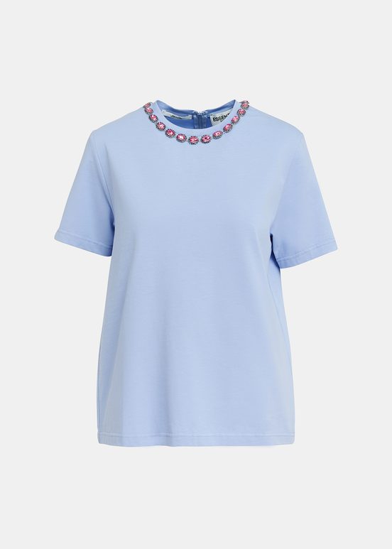 T-shirt en coton bleu clair à encolure en strass