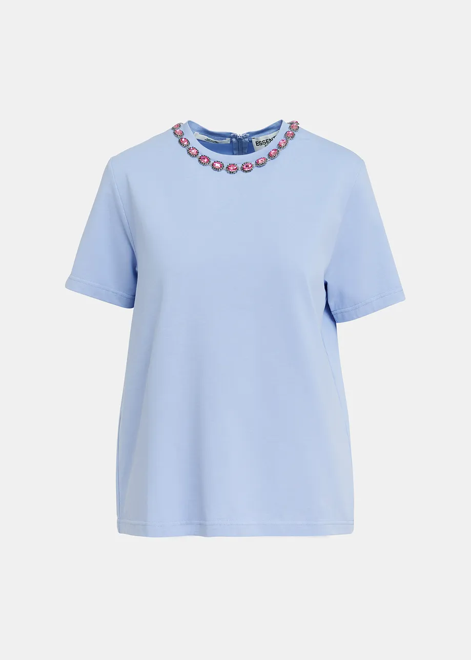 Light blue cotton T-shirt with rhinestone-embellished neckline