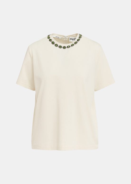 Ecru cotton T-shirt with rhinestone-embellished neckline