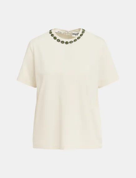 Ecru cotton T-shirt with rhinestone-embellished neckline