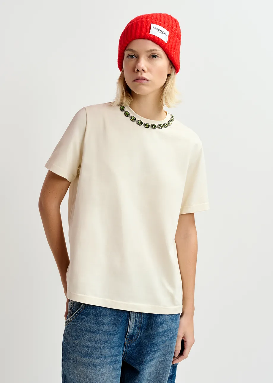 Ecru cotton T-shirt with rhinestone-embellished neckline