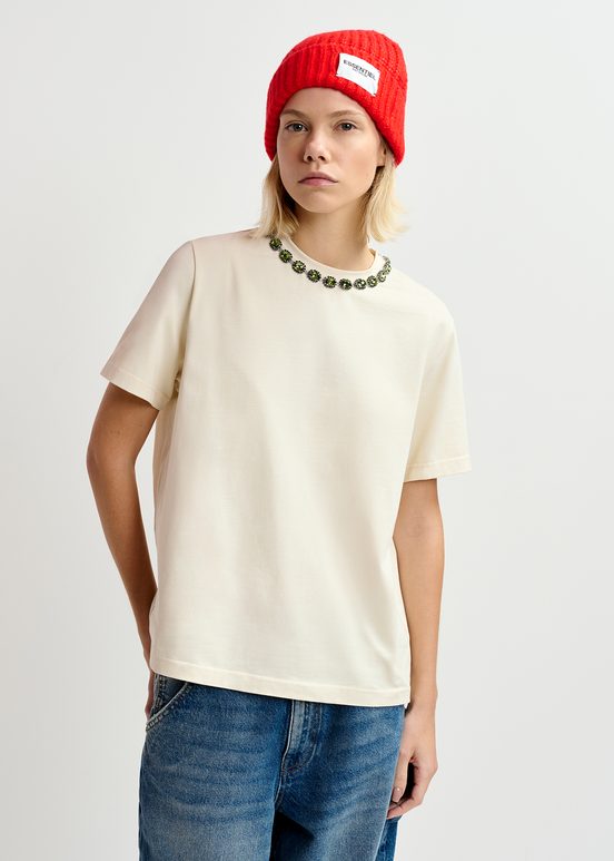 Ecru cotton T-shirt with rhinestone-embellished neckline