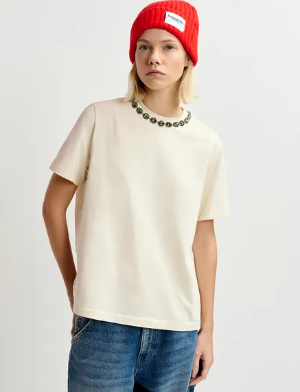 Ecru cotton T-shirt with rhinestone-embellished neckline