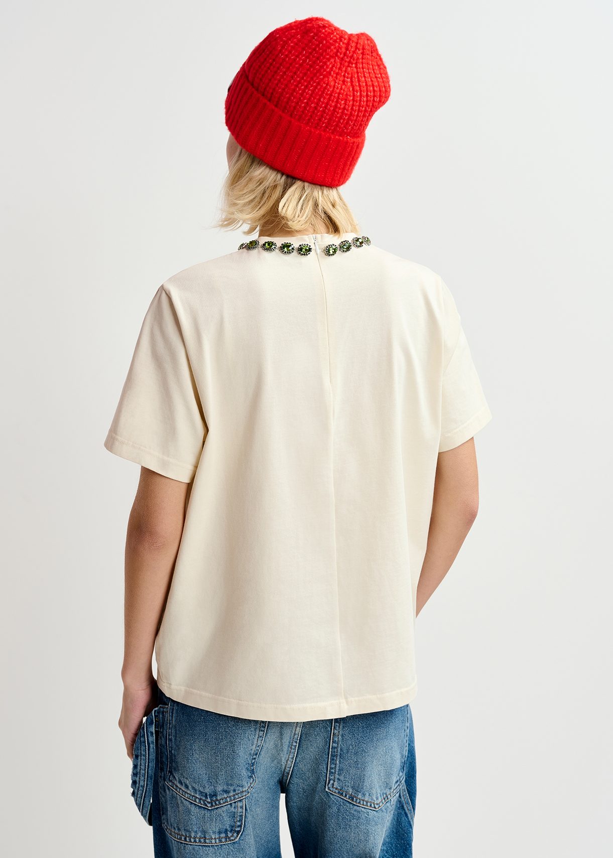 Essentiel Antwerp ★ スパンコール ディテール Tシャツ Ecru cotton T-shirt with rhinestone-embellished neckline