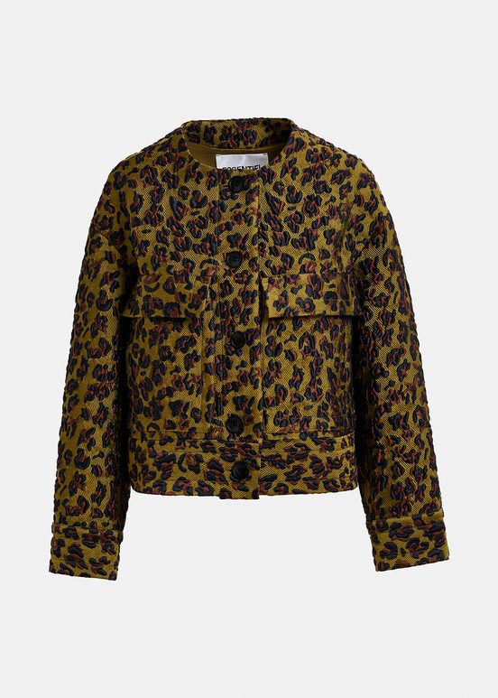 Giacca leopardata in jacquard cachi, marrone e nero