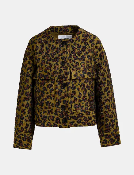 Chaqueta de jacquard de leopardo en caqui, marrón y negro