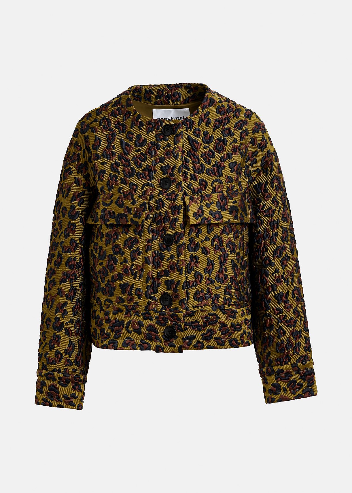 Chaqueta de jacquard de leopardo en caqui, marrón y negro