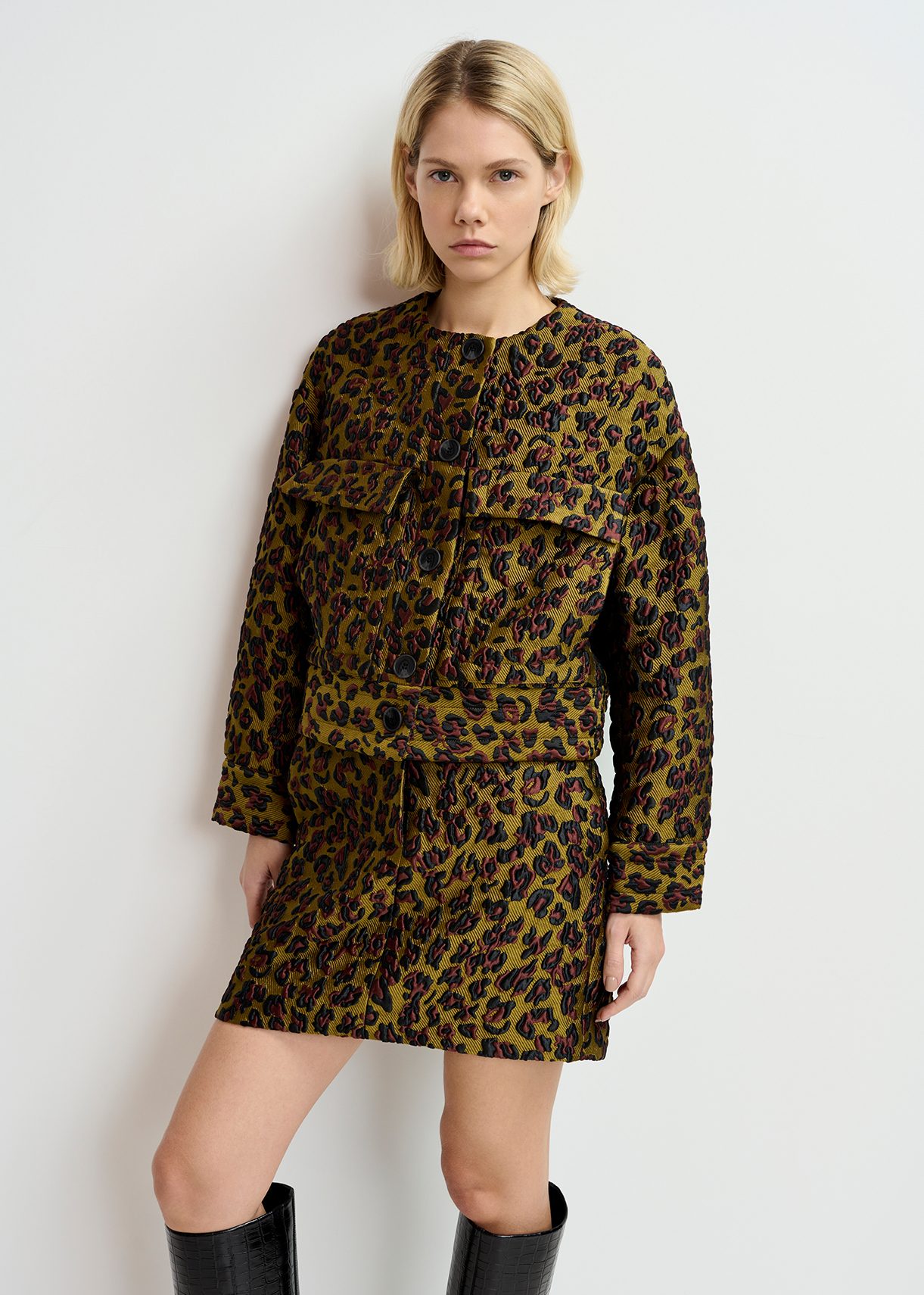 Khaki, brown and black leopard-jacquard jacket | Essentiel Antwerp