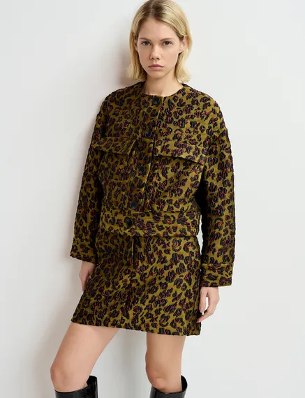 Giacca leopardata in jacquard cachi, marrone e nero