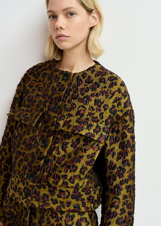 Giacca leopardata in jacquard cachi, marrone e nero