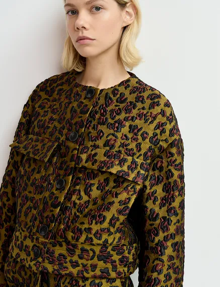 Giacca leopardata in jacquard cachi, marrone e nero