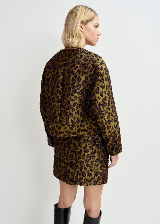 Veste en jacquard léopard kaki, brune et noire