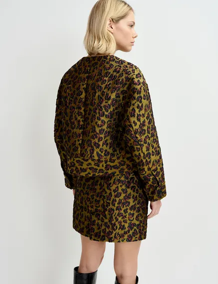 Chaqueta de jacquard de leopardo en caqui, marrón y negro