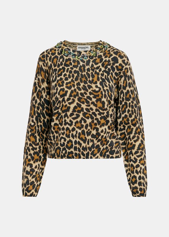 Maglione beige con motivo leopardato e collo decorato