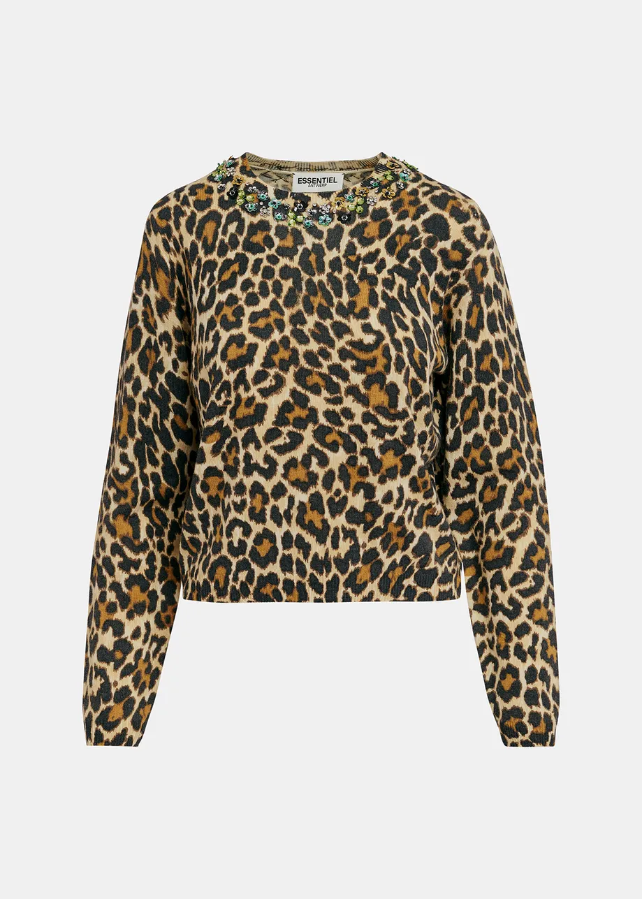 Beige leopard-motif knit sweater with embellished collar