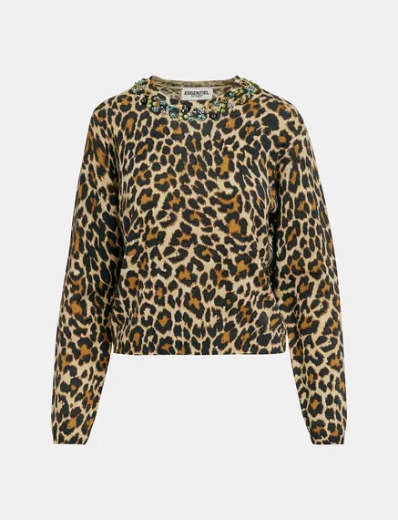 Beige leopard-motif knit sweater with embellished collar