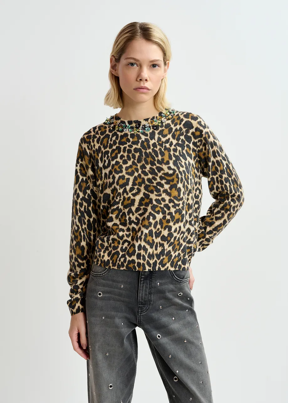 Beige leopard-motif knit sweater with embellished collar