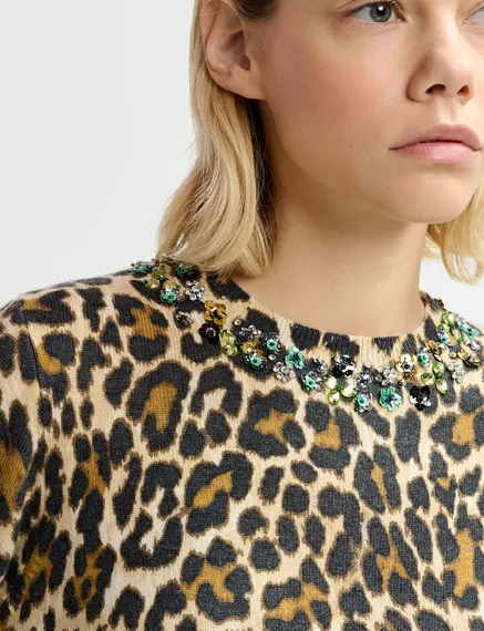 Beige leopard-motif knit sweater with embellished collar