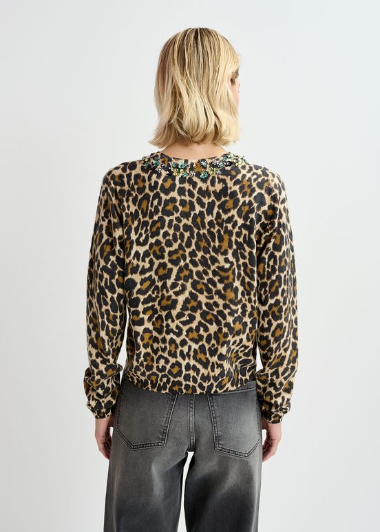 Jersey de punto con motivo de leopardo y cuello adornado en beige