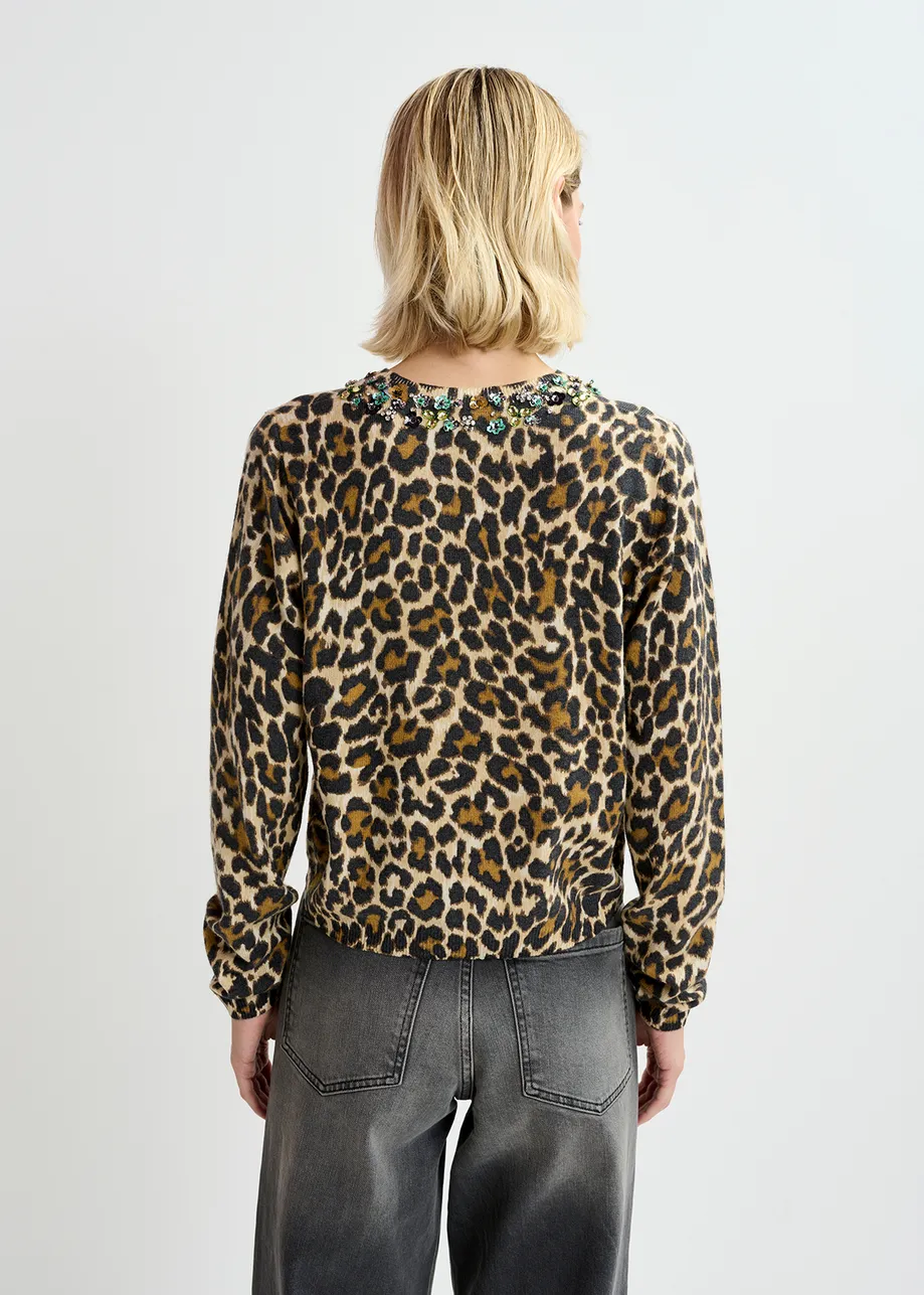 Beige leopard-motif knit sweater with embellished collar