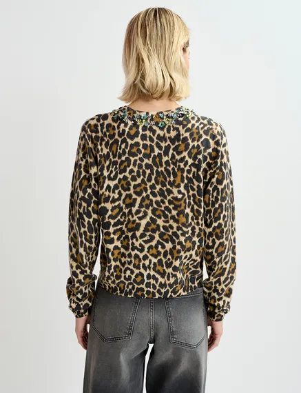 Beige leopard-motif knit sweater with embellished collar