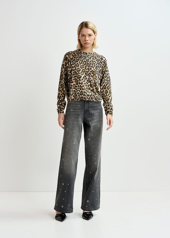 Beige leopard-motif knit sweater with embellished collar