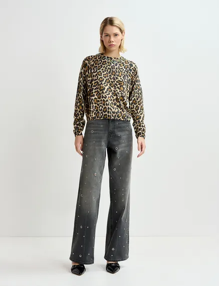 Beige leopard-motif knit sweater with embellished collar