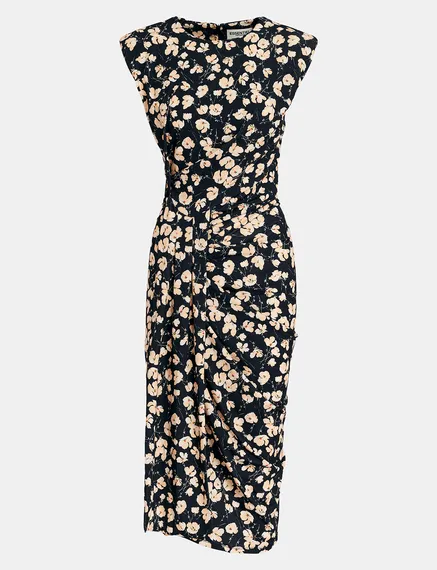 Vestido midi de punto elástico con estampado floral en negro