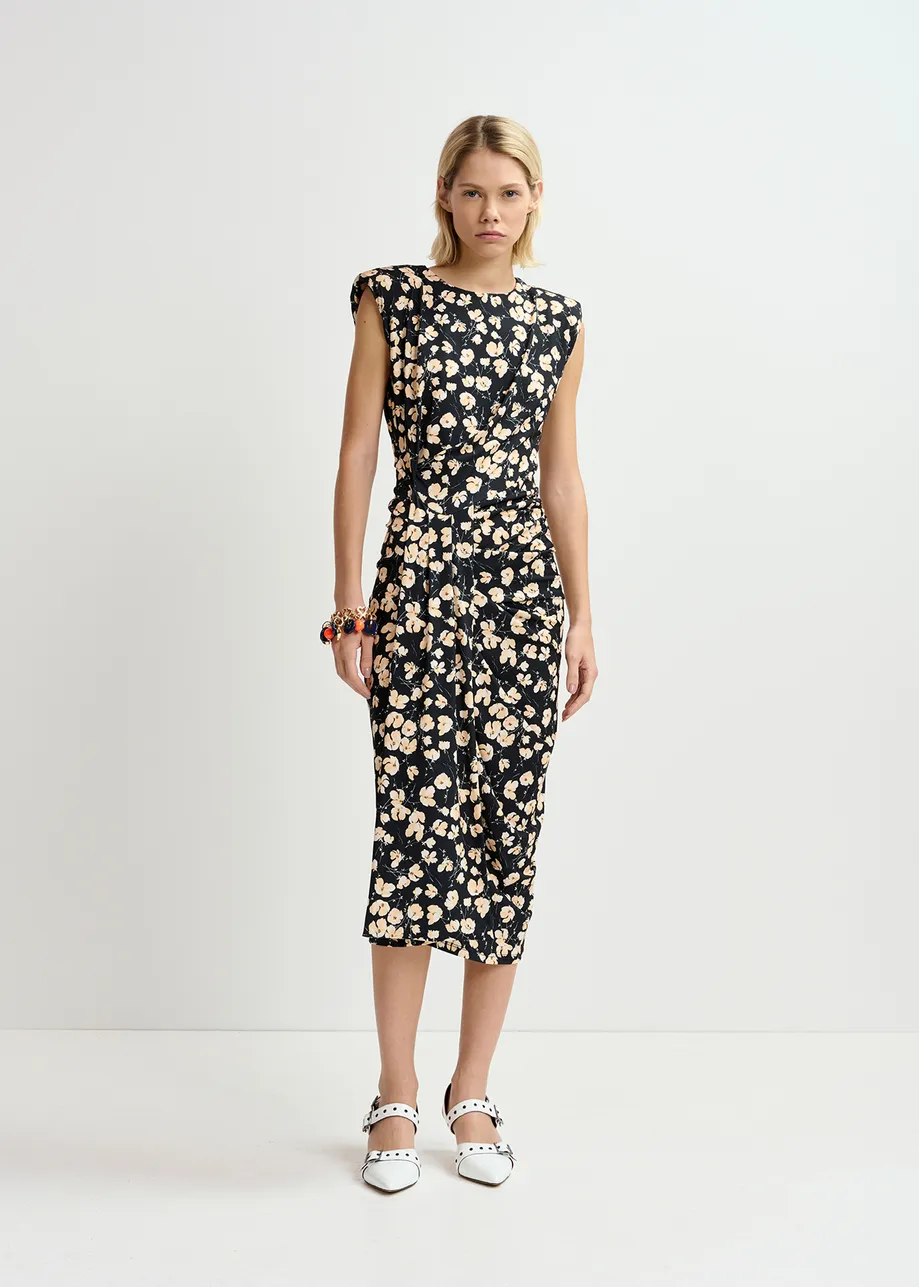 Black stretch-jersey midi-length dress with floral print