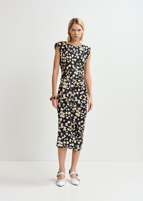 Zwarte jersey midi-jurk met bloemenprint