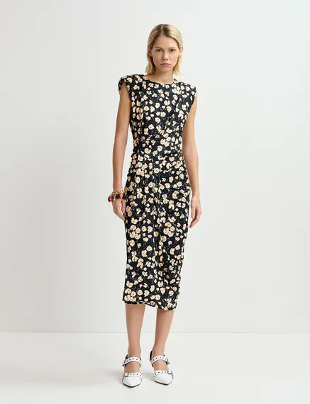 Vestido midi de punto elástico con estampado floral en negro