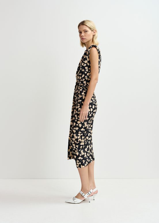 Zwarte jersey midi-jurk met bloemenprint