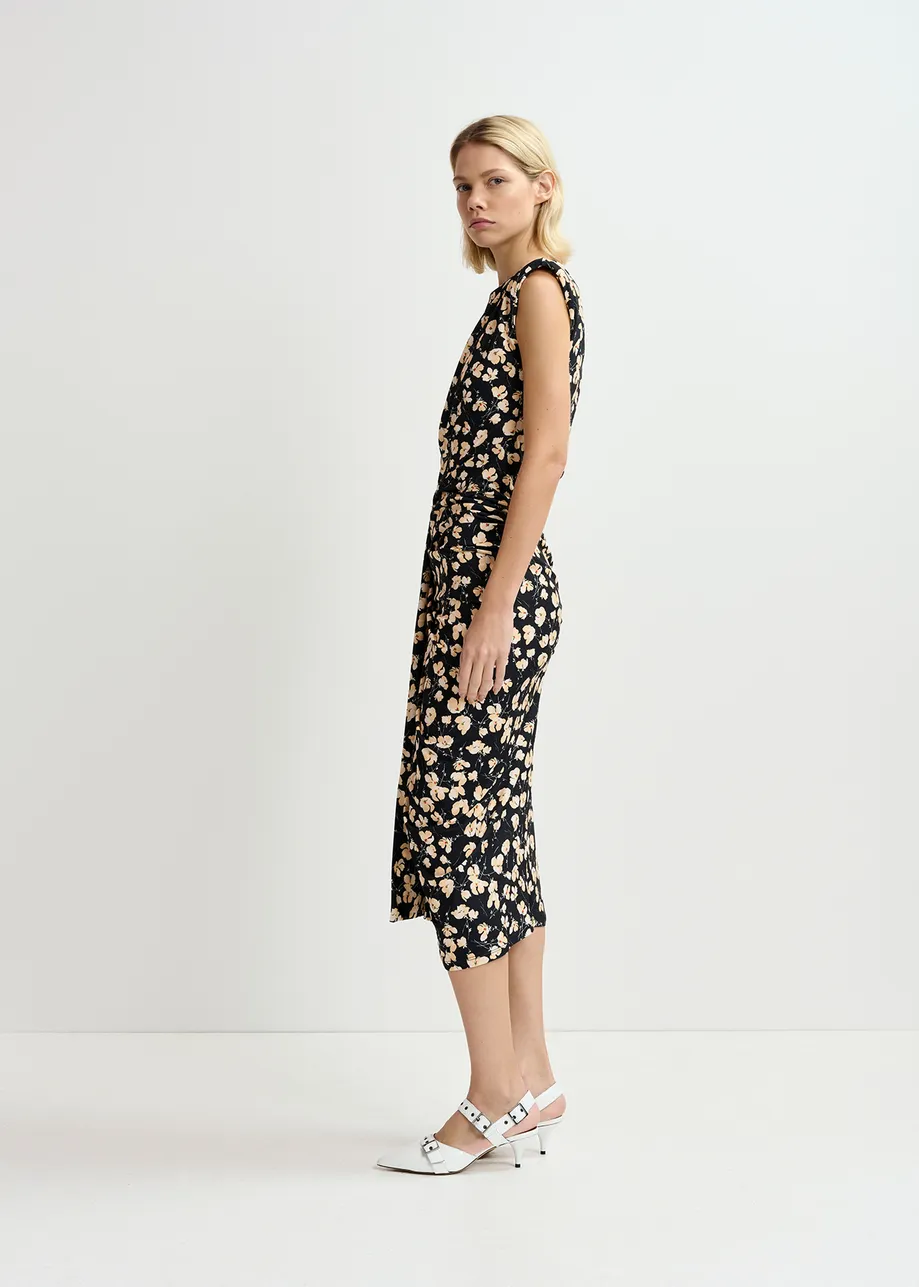 Black stretch-jersey midi-length dress with floral print