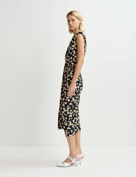 Black stretch-jersey midi-length dress with floral print