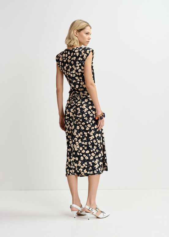 Zwarte jersey midi-jurk met bloemenprint