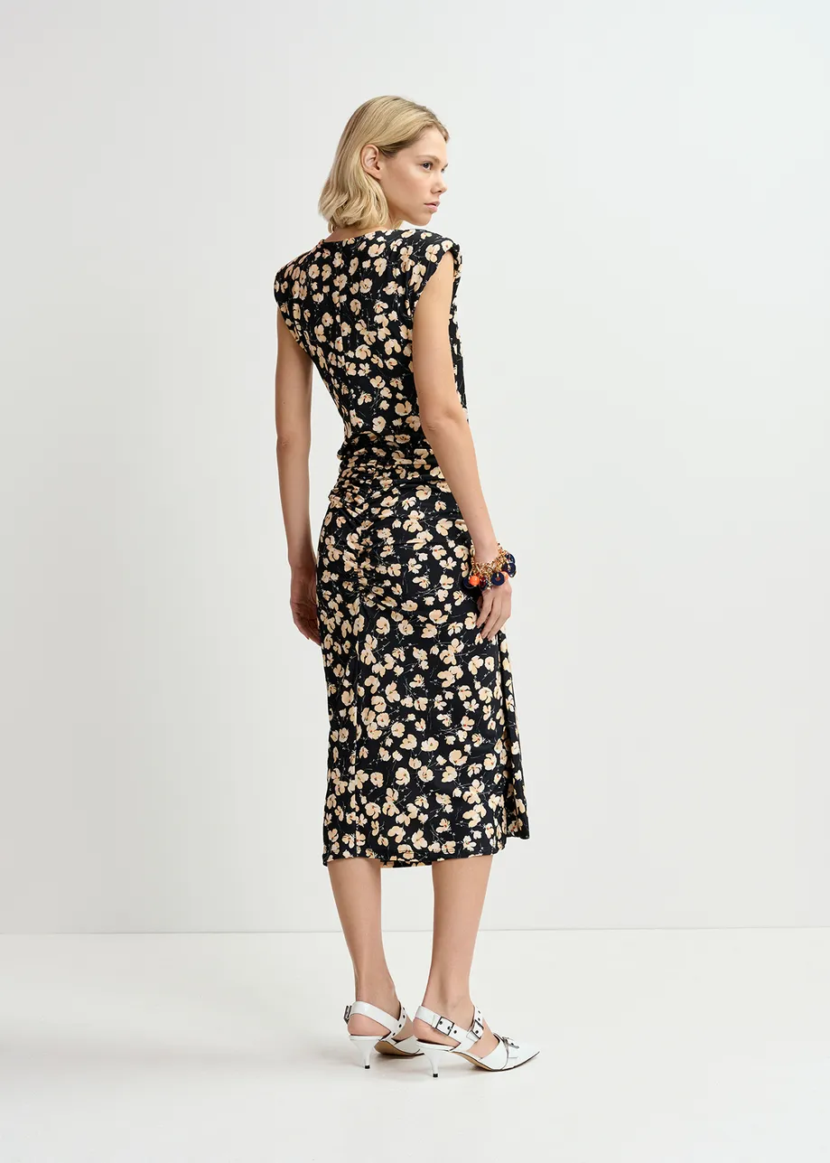 Black stretch-jersey midi-length dress with floral print