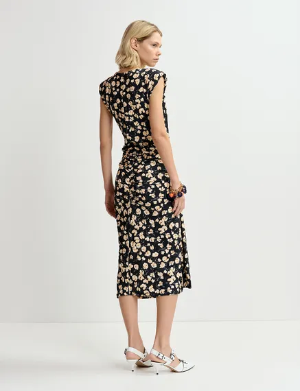 Black stretch-jersey midi-length dress with floral print