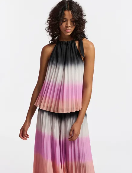 Multicolor plissé halter neck top with gradient effect