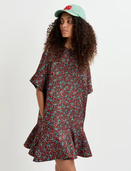 Mini-robe à imprimé fleuri noire, rouge et bleue