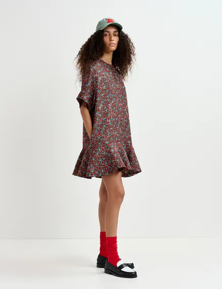 Mini-robe à imprimé fleuri noire, rouge et bleue