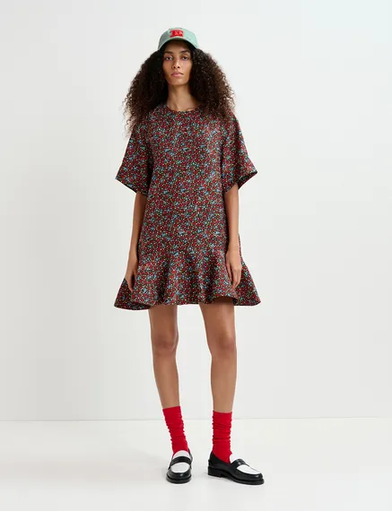 Mini-robe à imprimé fleuri noire, rouge et bleue