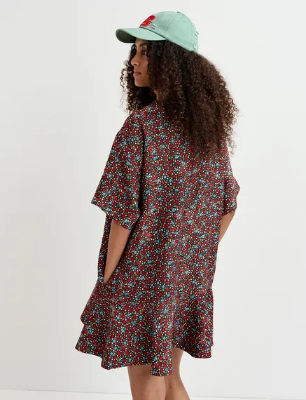 Mini-robe à imprimé fleuri noire, rouge et bleue