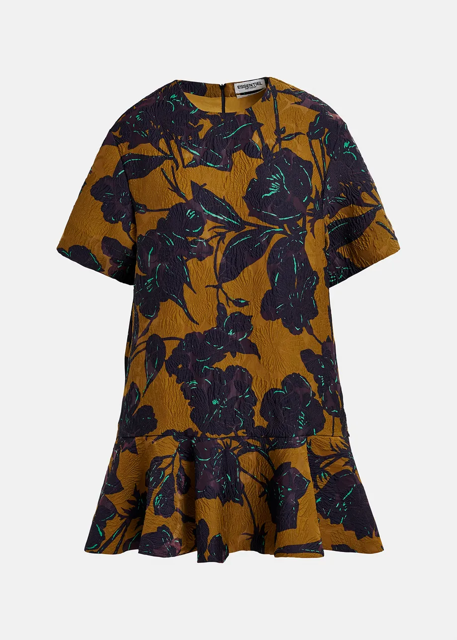 Bronze and navy blue mini dress with floral print